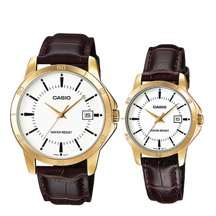 Relojes de pareja Casio MTP-V004GL-7A + LTP-V004GL-7A en cuero marrón originales
