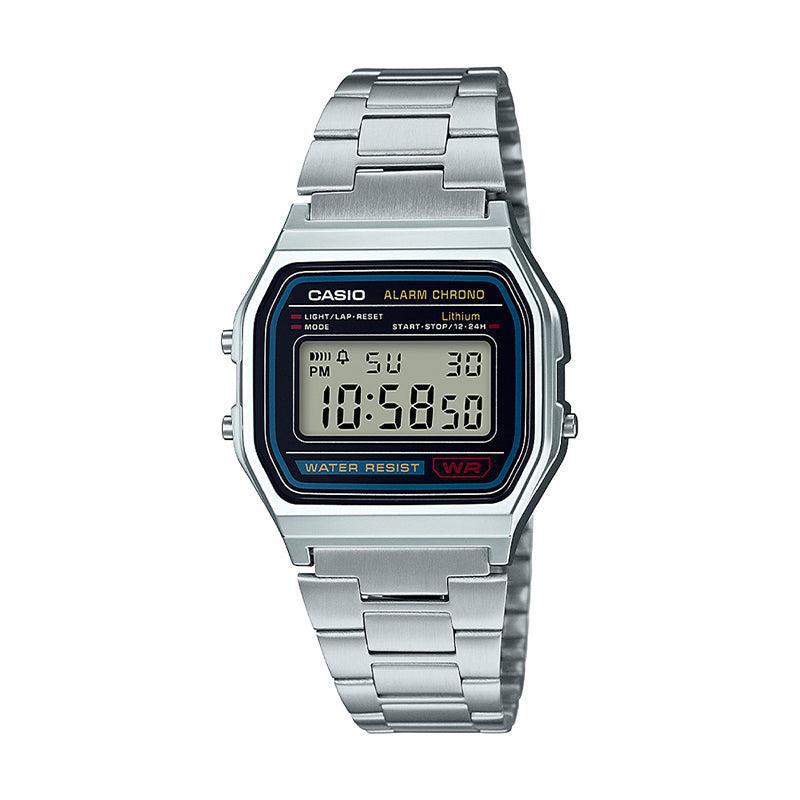 A158WA-1 Casio Vintage plateado con pantalla digital y brazalete de acero inoxidable.
