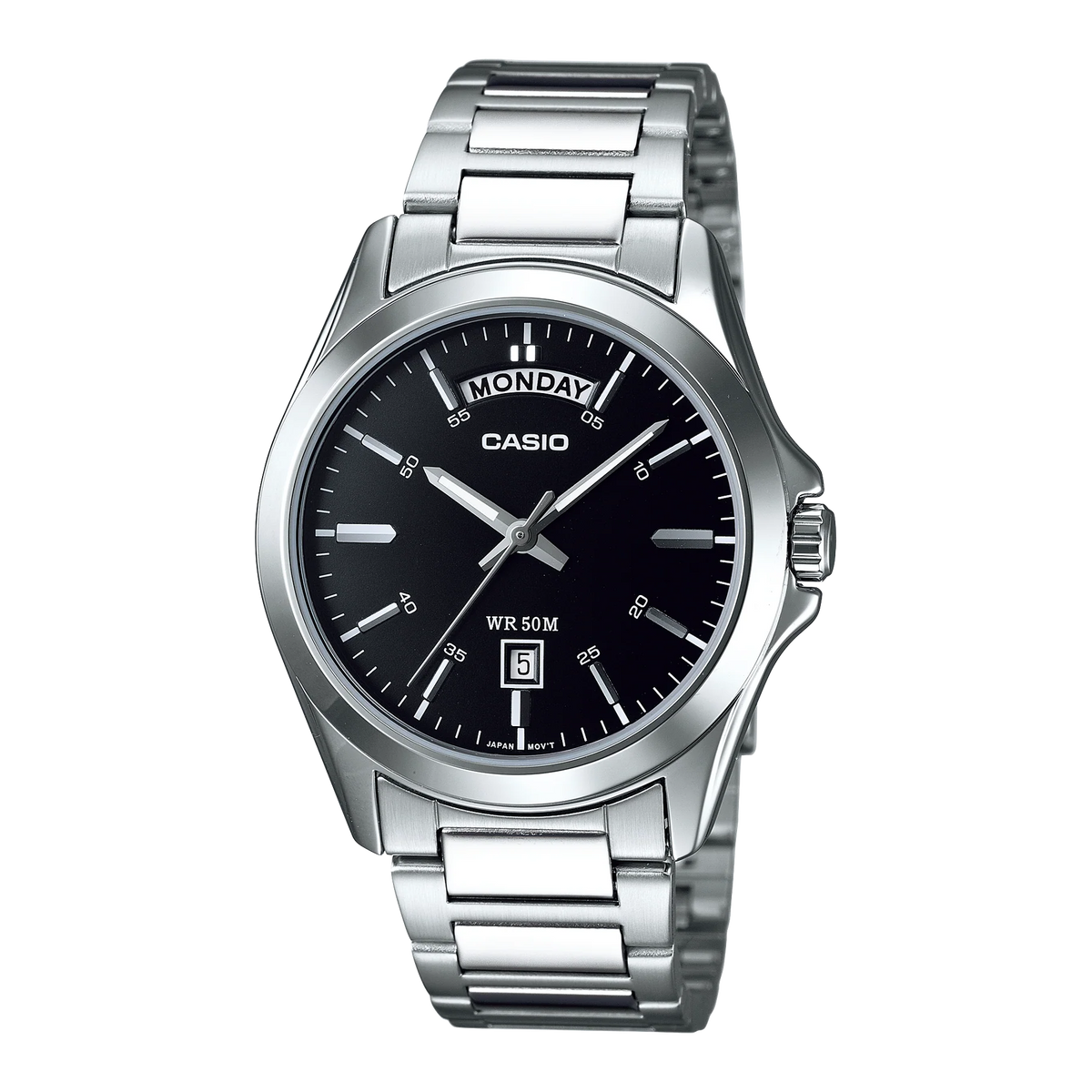 Reloj Casio MTP-1370D-1A original con carátula negra y brazalete de acero inoxidable.
