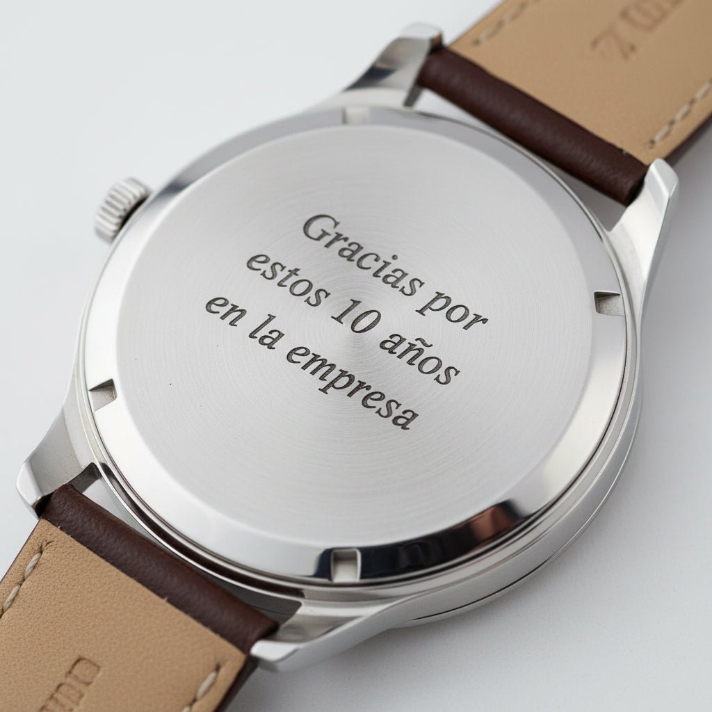 Grabado láser en tapa de reloj con texto conmemorativo por 10 años de trabajo - Jherr Perú