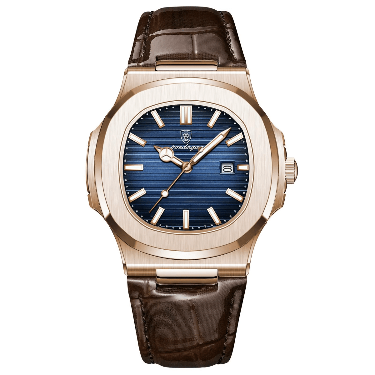 Reloj Poedagar Nautilus Rose Gold con Esfera Azul y Correa de Cuero Genuino Marrón 40mm - Poedagar en Perú | Jherr Jewelry