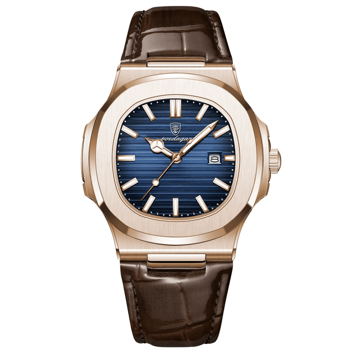 Reloj Poedagar Nautilus Rose Gold con Esfera Azul y Correa de Cuero Genuino Marrón 40mm - Poedagar en Perú | Jherr Jewelry