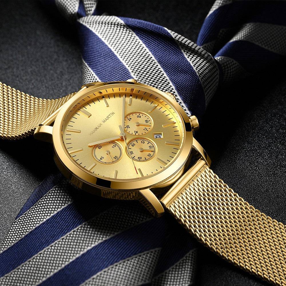 Reloj Hannah Martin Oro Cronógrafo con Correa Mesh Dorada - Diseño Luxury 42mm - Hannah Martin en Perú | Jherr Jewelry