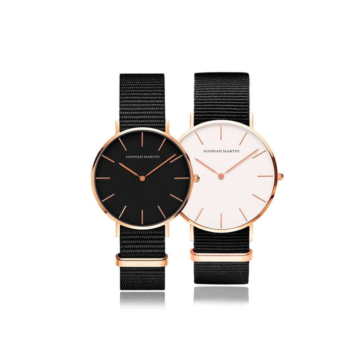 Relojes de pareja Hannah Martin rose gold con correas NATO negras