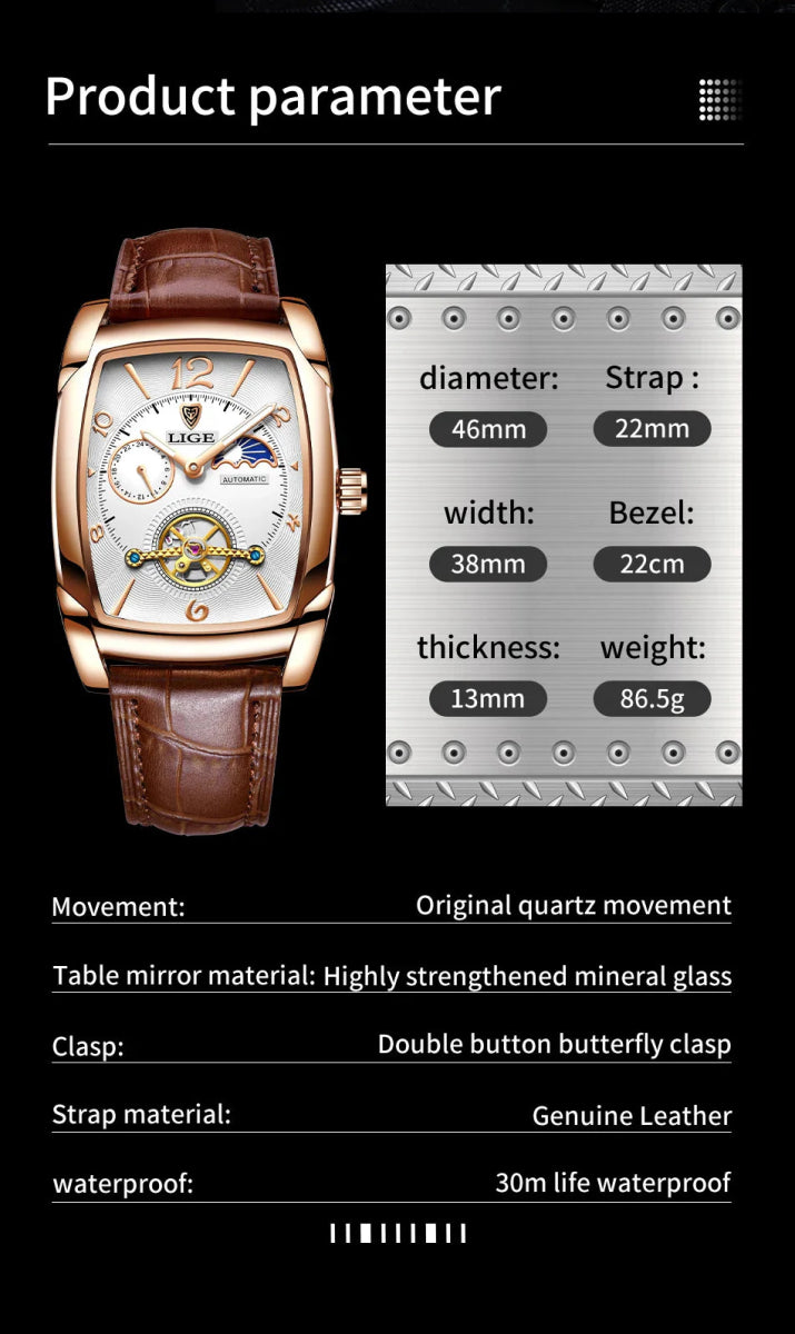 Lige Automatic Moon Phase Tourbillon Luxury Timepiece - JHERR JEWELRY en Perú | Jherr Jewelry