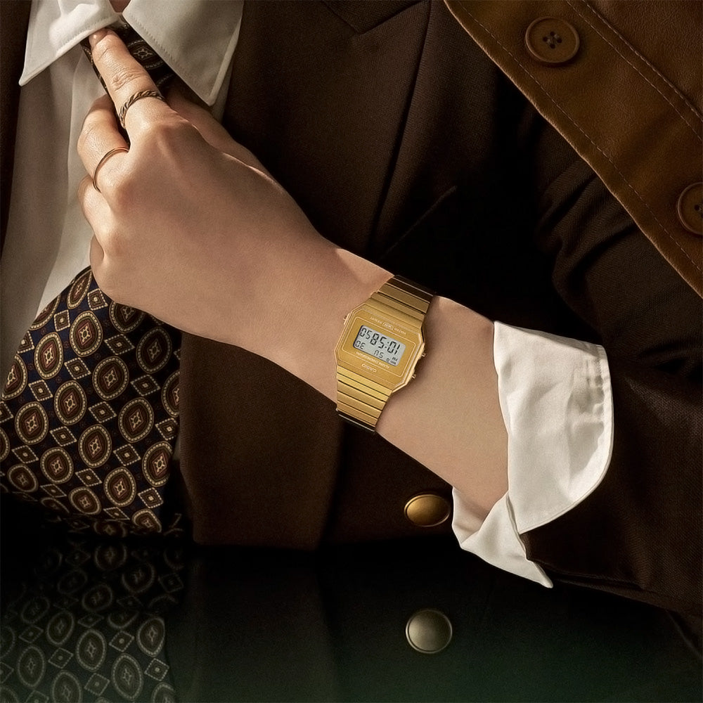 Reloj Casio A700WEVG-9A vintage dorado ultradelgado unisex original en Perú - detalle de esfera pantalla y diseño | Jherr