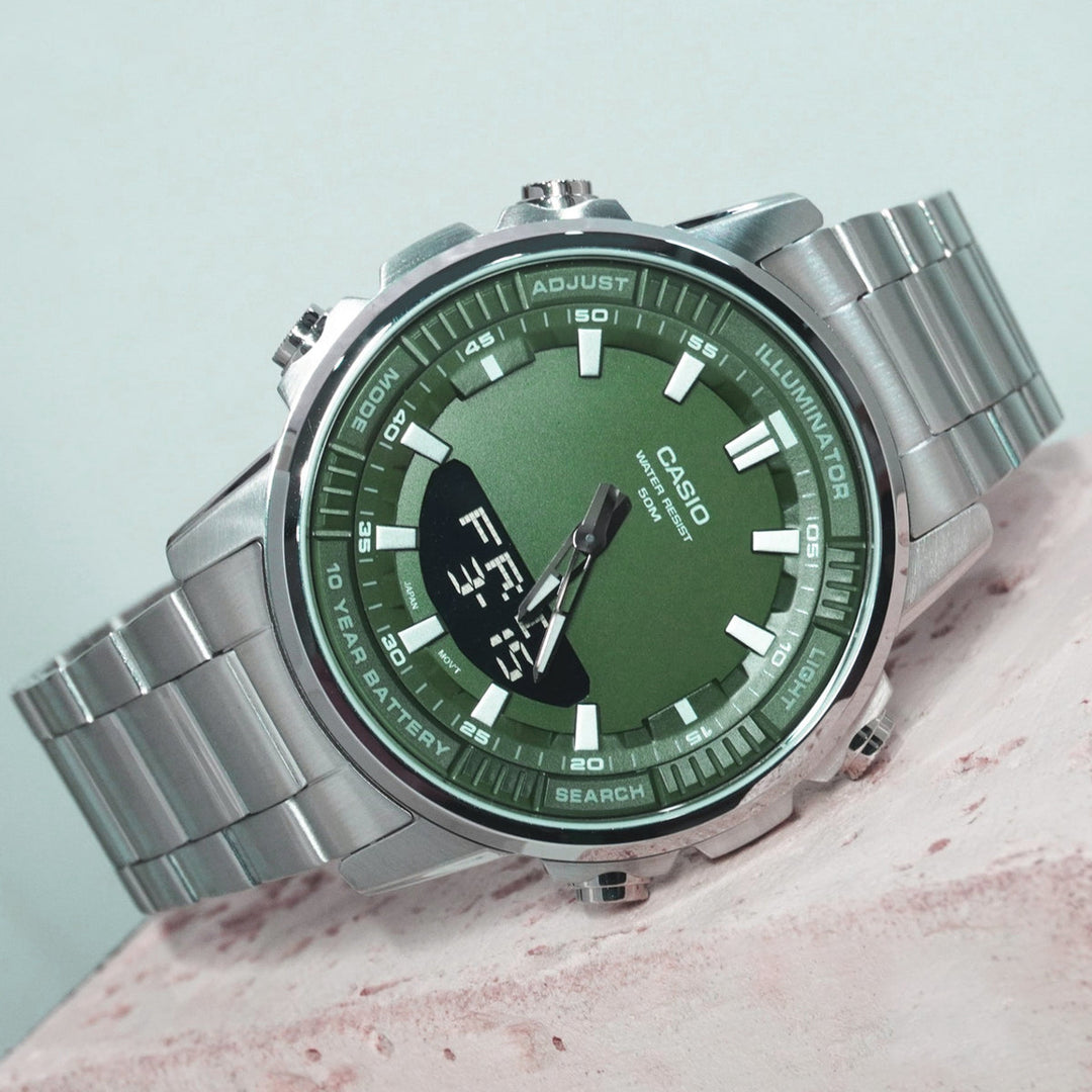 Reloj Casio AMW-880D-3AV analogico digital verde telememo hombre original en Perú - detalle de esfera pantalla y diseño | Jherr