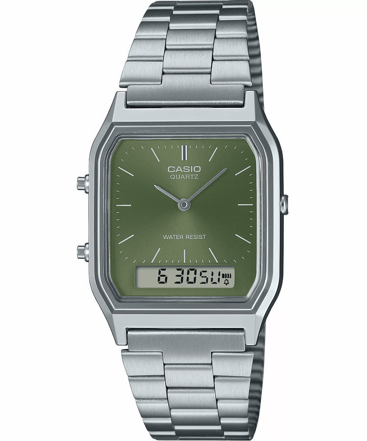 Reloj Casio Vintage AQ-230A-3A verde digital analógico para hombre original con garantía en Perú