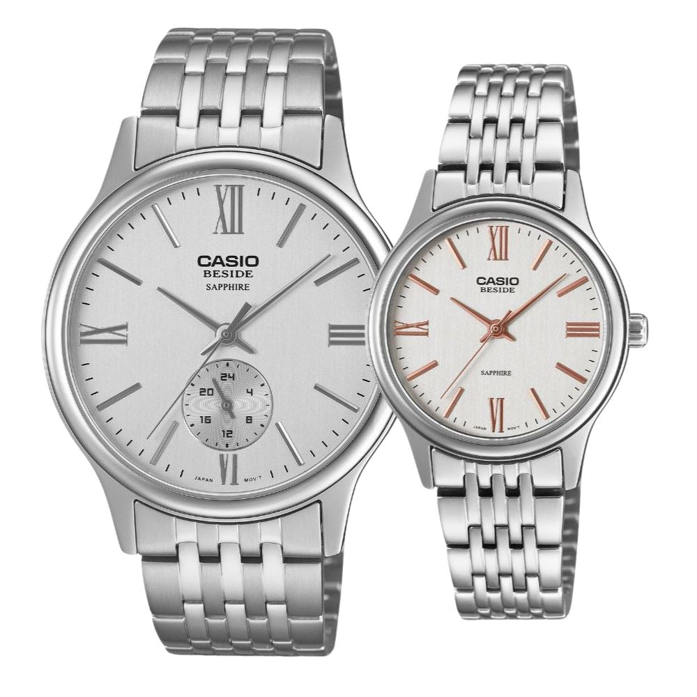 Relojes de pareja Casio BLS-100D-7A + BMS-100D-7A en acero plateado originales