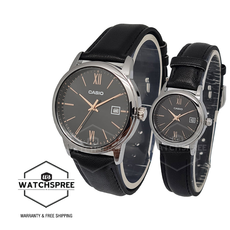 Relojes de pareja Casio MTP-V002L-1B3 + LTP-V002L-1B3 en cuero negro originales