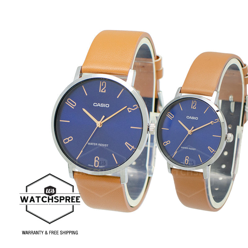 Relojes de pareja Casio MTP-VT01L-2B2 + LTP-VT01L-2B2 en cuero marrón originales