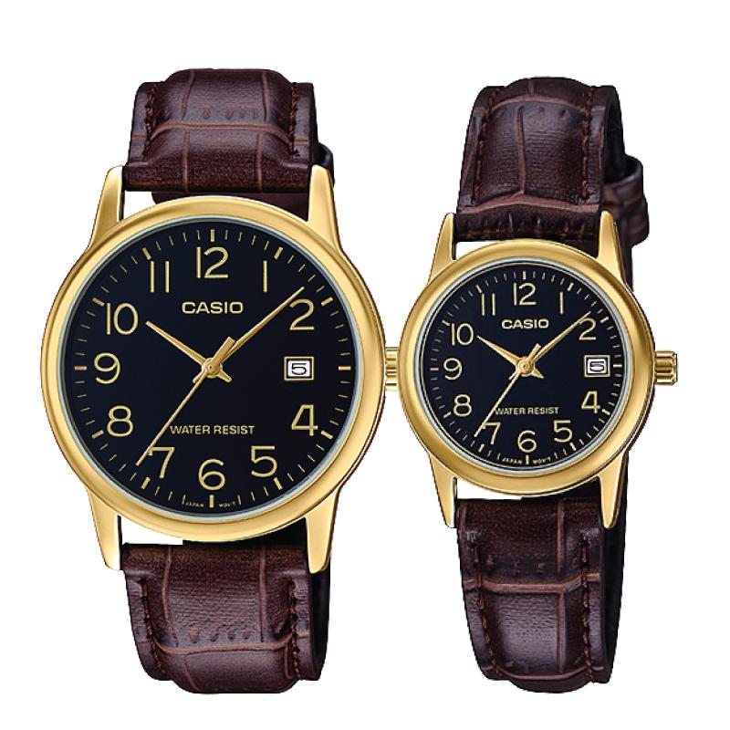 Relojes de pareja Casio MTP-V002GL-1B + LTP-V002GL-1B en cuero marrón originales