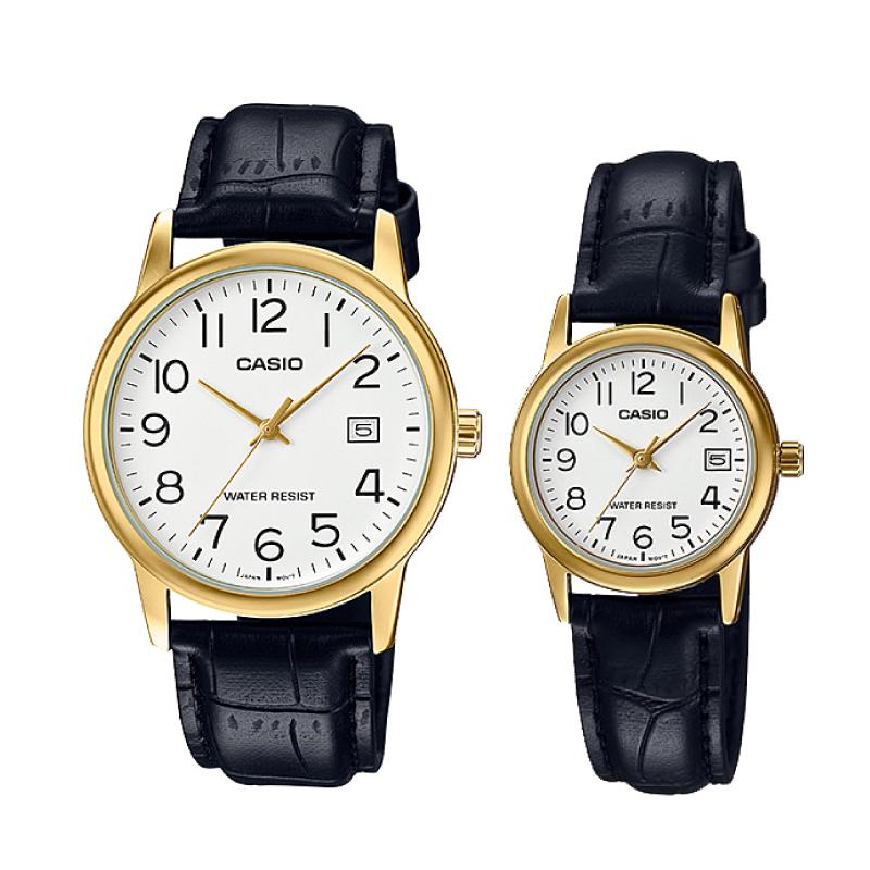 Relojes de pareja Casio MTP-V002GL-7B2 + LTP-V002GL-7B2 en cuero negro originales