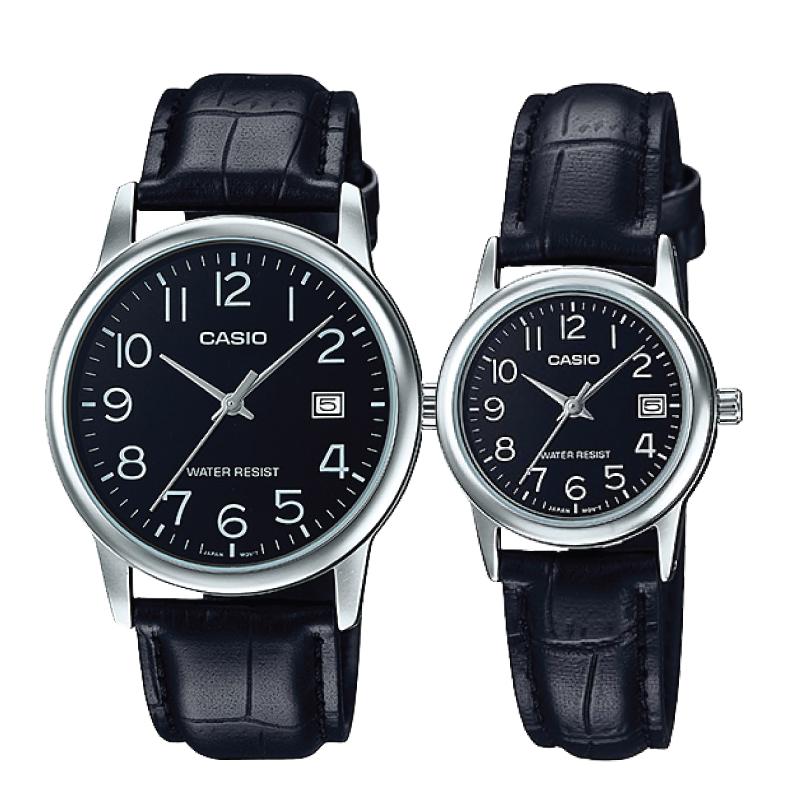 Relojes de pareja Casio MTP-V002L-1B + LTP-V002L-1B en cuero negro originales