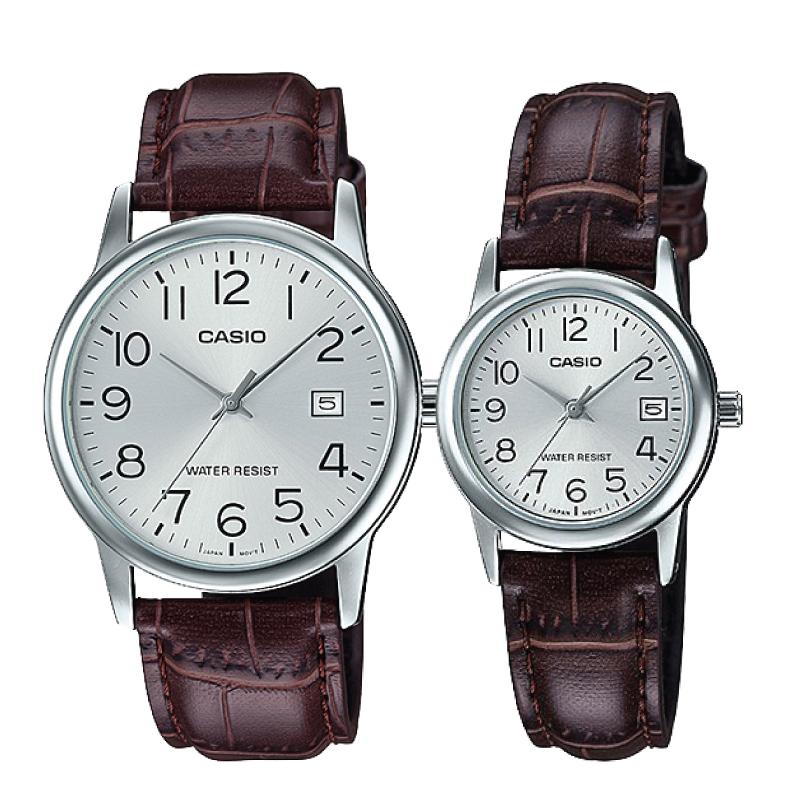 Relojes de pareja Casio MTP-V002L-7B2 + LTP-V002L-7B2 en cuero marrón originales