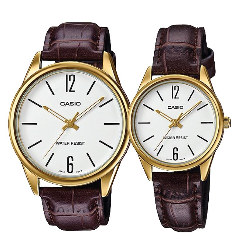 Relojes de pareja Casio MTP-V005GL-7B + LTP-V005GL-7B en cuero marrón originales