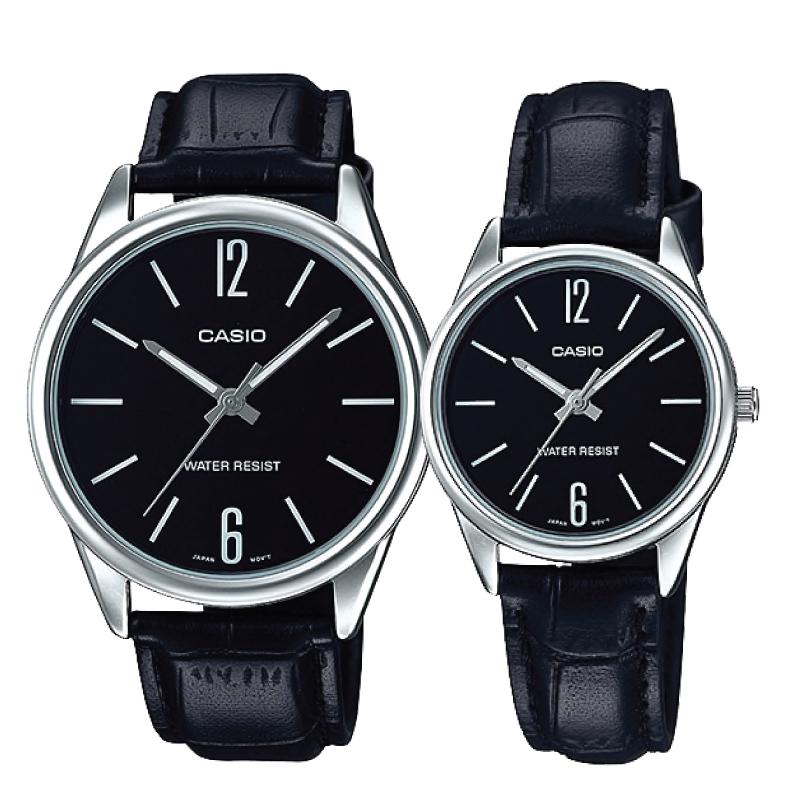 Relojes de pareja Casio MTP-V005L-1B + LTP-V005L-1B en cuero negro originales