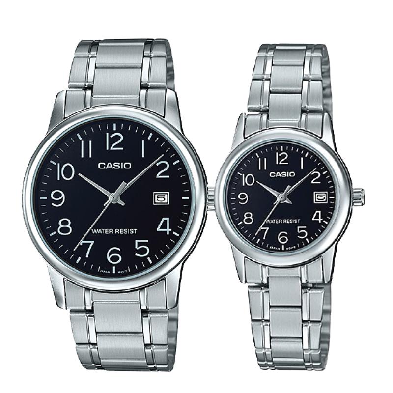 Relojes de pareja Casio MTP-V002D-1B + LTP-V002D-1B en acero plateado originales