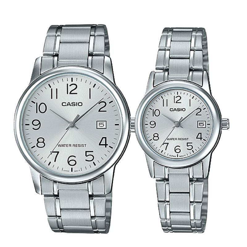 Relojes de pareja Casio MTP-V002D-7B + LTP-V002D-7B en acero plateado originales