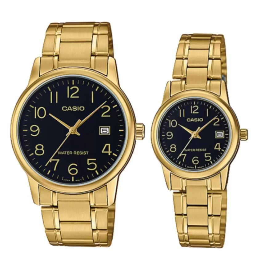Relojes de pareja Casio MTP-V002G-1B + LTP-V002G-1B en acero dorado originales