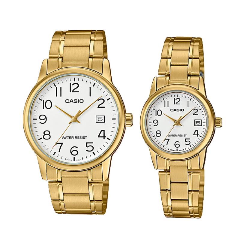 Relojes de pareja Casio MTP-V002G-7B2 + LTP-V002G-7B2 en acero dorado originales