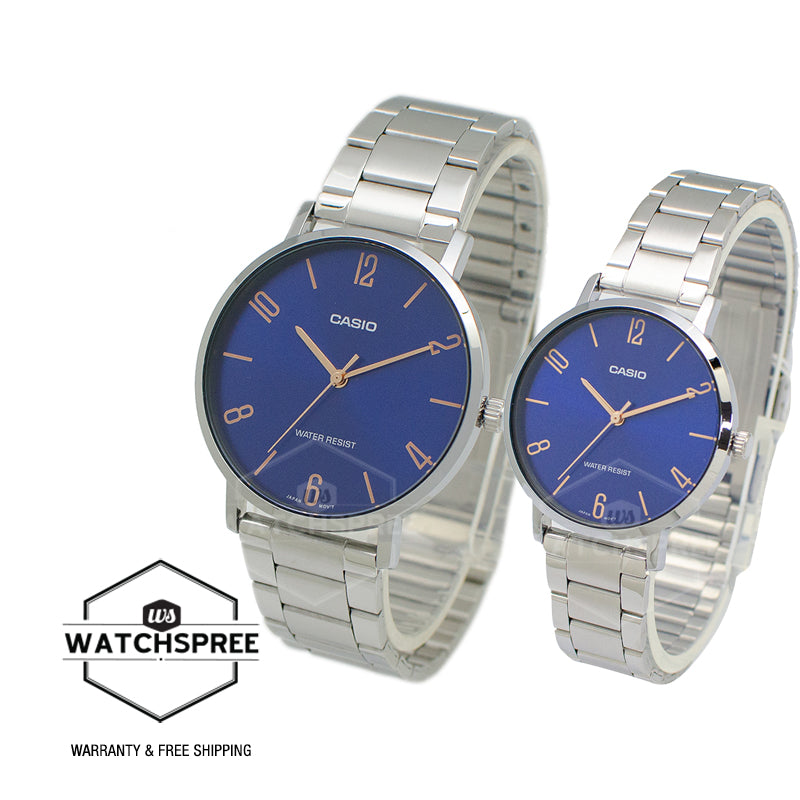 Relojes de pareja Casio MTP-VT01D-2B2 + LTP-VT01D-2B2 en acero plateado originales