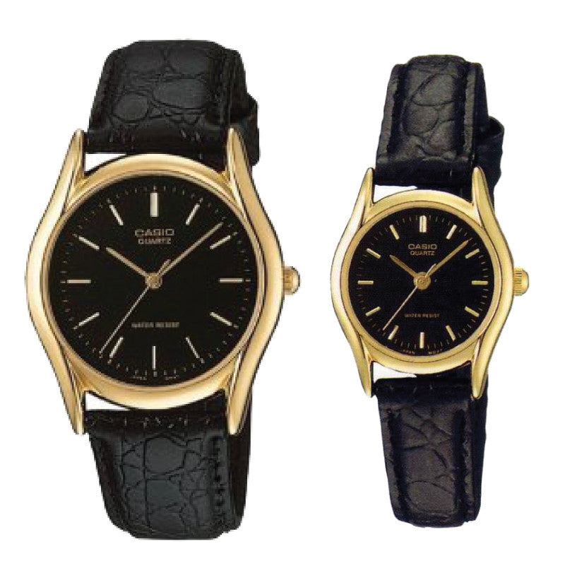 Relojes de pareja Casio MTP-1094Q-1A + LTP-1094Q-1A en cuero negro originales