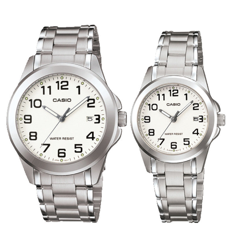 Relojes de pareja Casio MTP-1215A-7B2 + LTP-1215A-7B2 en acero plateado originales
