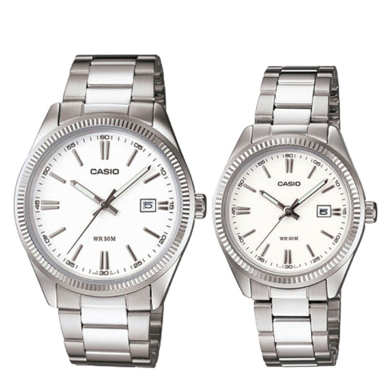Relojes de pareja Casio MTP-1302D-7A1 + LTP-1302D-7A1 en acero plateado originales