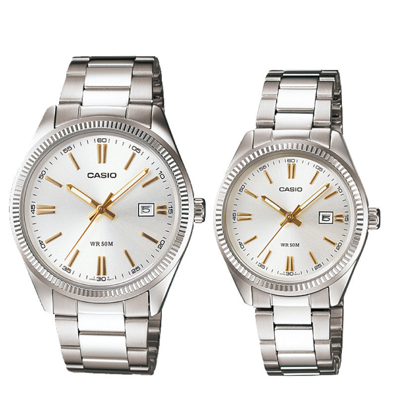 Relojes de pareja Casio MTP-1302D-7A2 + LTP-1302D-7A2 en acero plateado originales