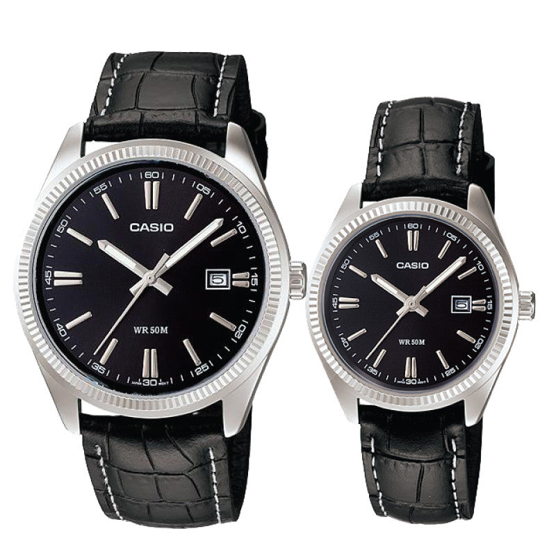 Relojes de pareja Casio MTP-1302L-1A + LTP-1302L-1A en cuero negro originales