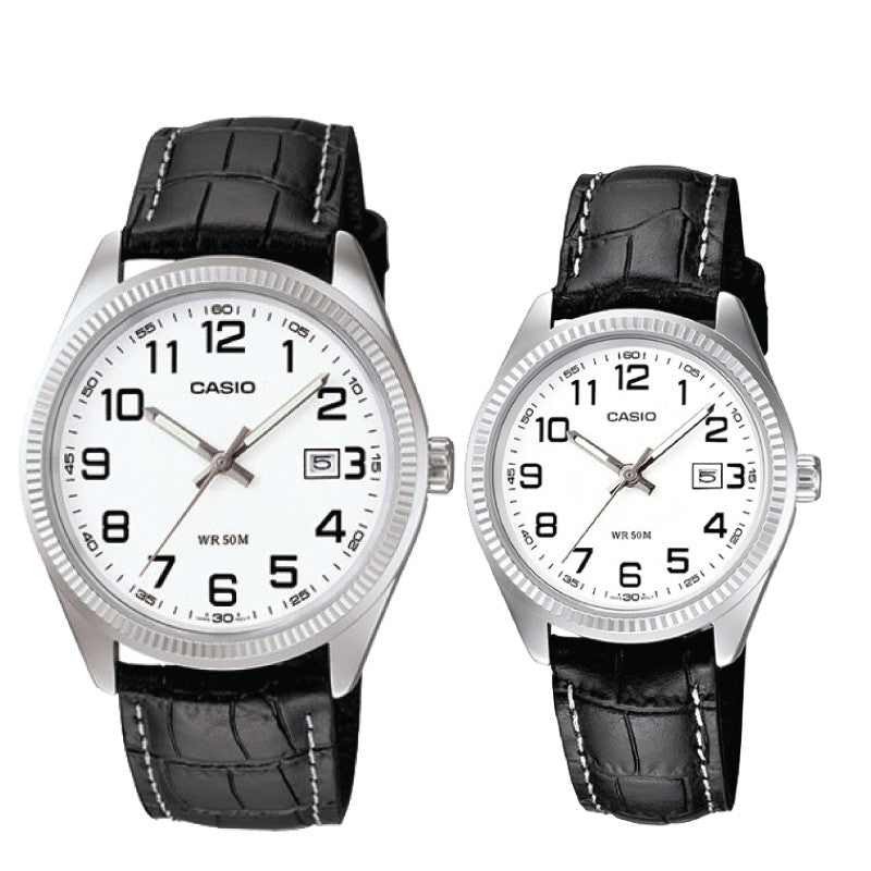 Relojes de pareja Casio MTP-1302L-7B + LTP-1302L-7B en cuero negro originales