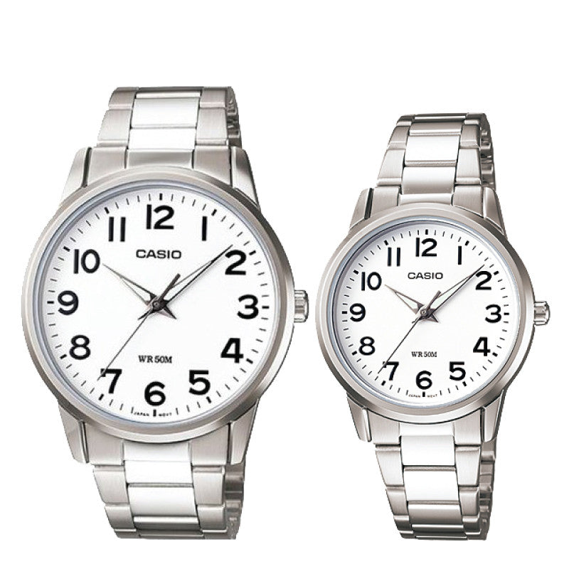 Relojes de pareja Casio MTP-1303D-7B + LTP-1303D-7B en acero plateado originales