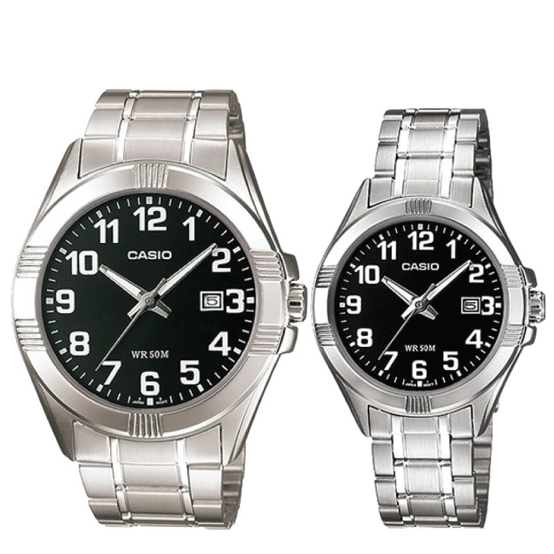 Relojes de pareja Casio MTP-1308D-1B + LTP-1308D-1B en acero plateado originales