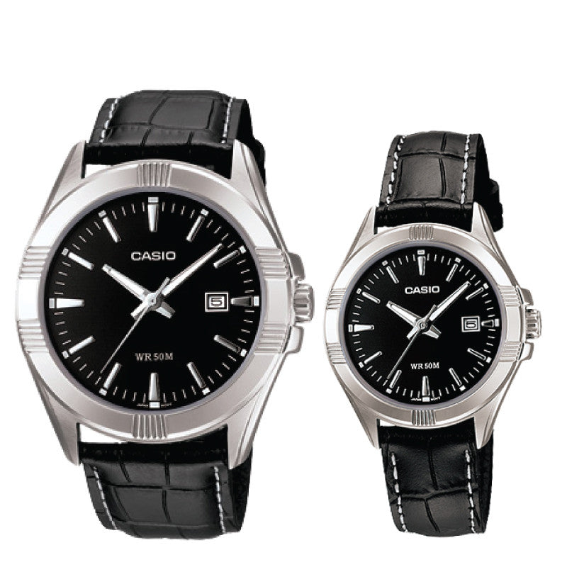 Relojes de pareja Casio MTP-1308L-1A + LTP-1308L-1A en cuero negro originales