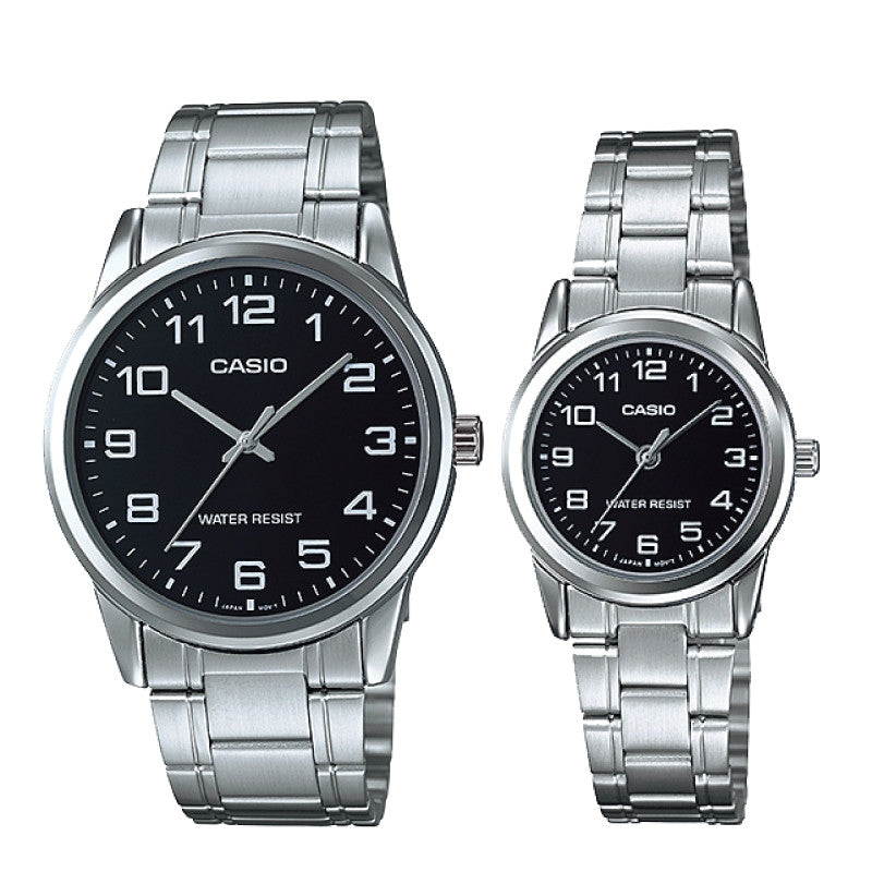 Relojes de pareja Casio MTP-V001D-1B + LTP-V001D-1B en acero plateado originales