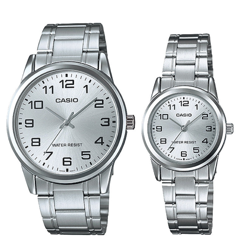 Relojes de pareja Casio MTP-V001D-7B + LTP-V001D-7B en acero plateado originales