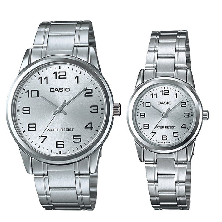 Relojes de pareja Casio MTP-V001D-7B + LTP-V001D-7B en acero plateado originales