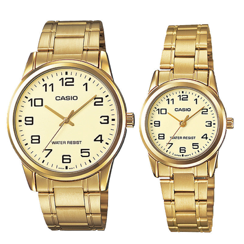 Relojes de pareja Casio MTP-V001G-9B + LTP-V001G-9B en acero dorado originales