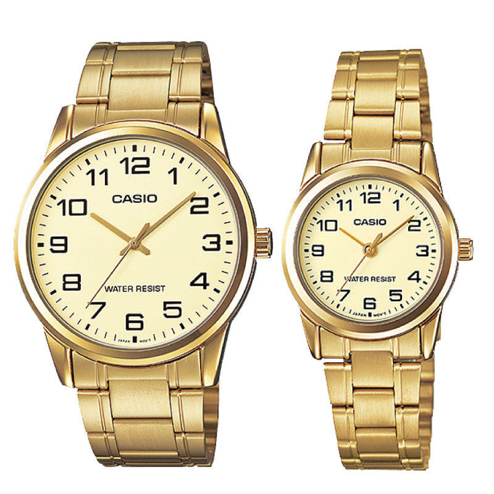 Relojes de pareja Casio MTP-V001G-9B + LTP-V001G-9B en acero dorado originales