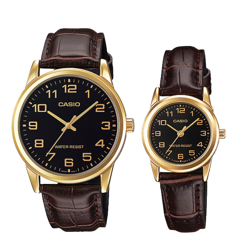 Relojes de pareja Casio MTP-V001GL-1B + LTP-V001GL-1B en cuero marrón originales