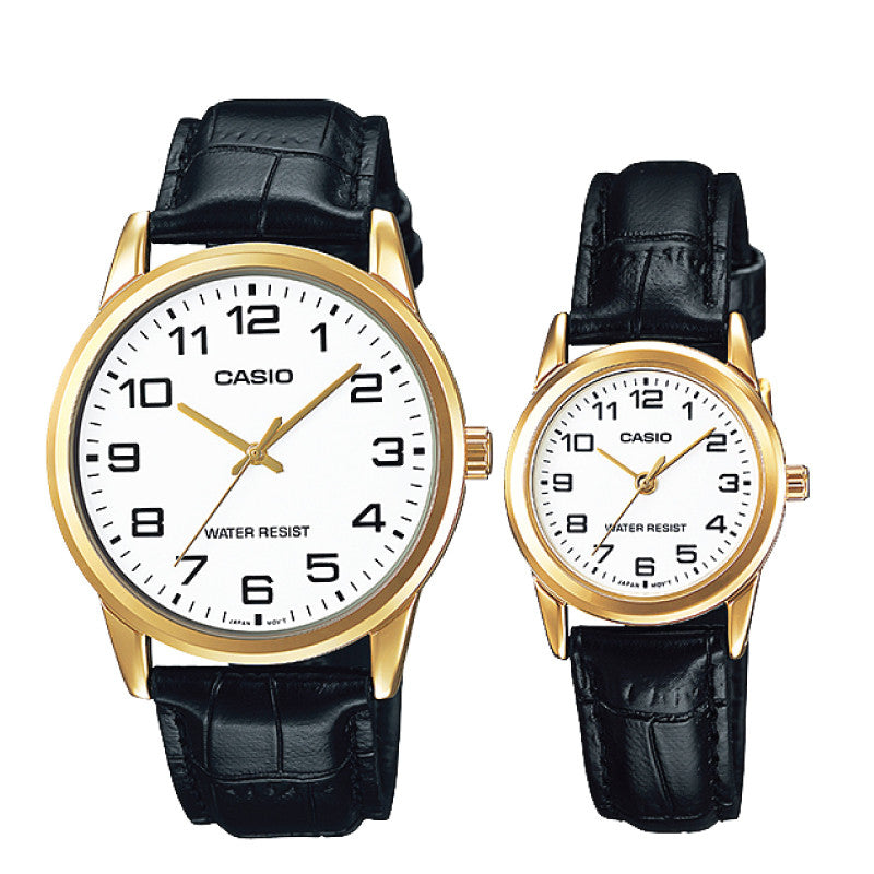 Relojes de pareja Casio MTP-V001GL-7B + LTP-V001GL-7B en cuero negro originales