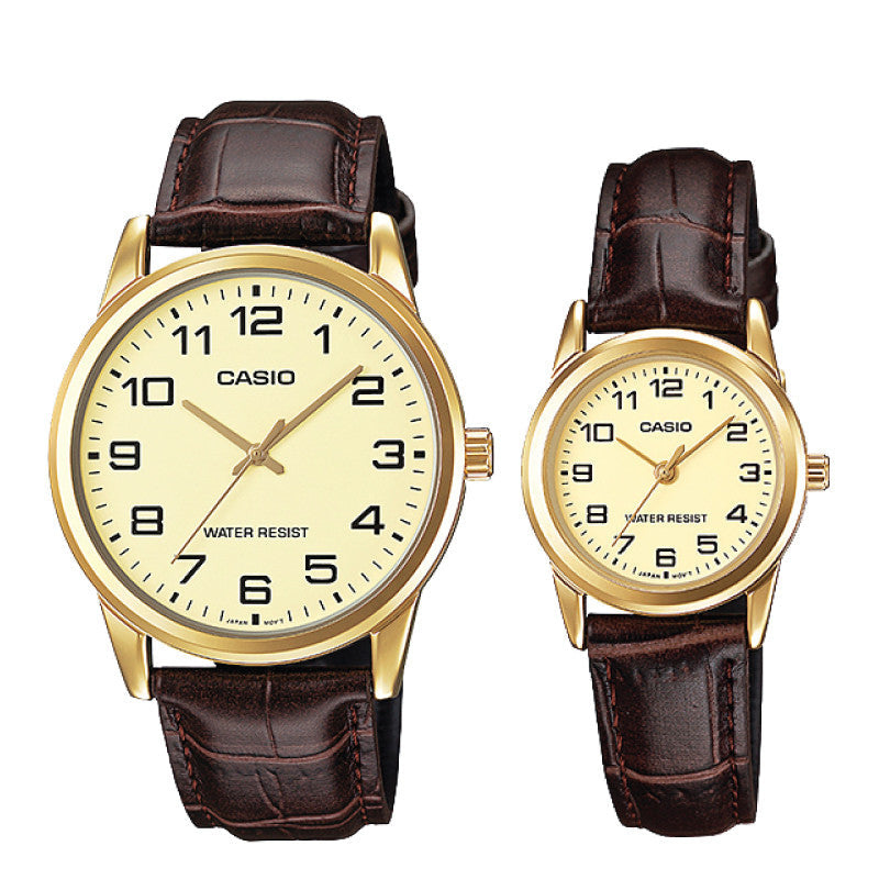 Relojes de pareja Casio MTP-V001GL-9B + LTP-V001GL-9B en cuero marrón originales