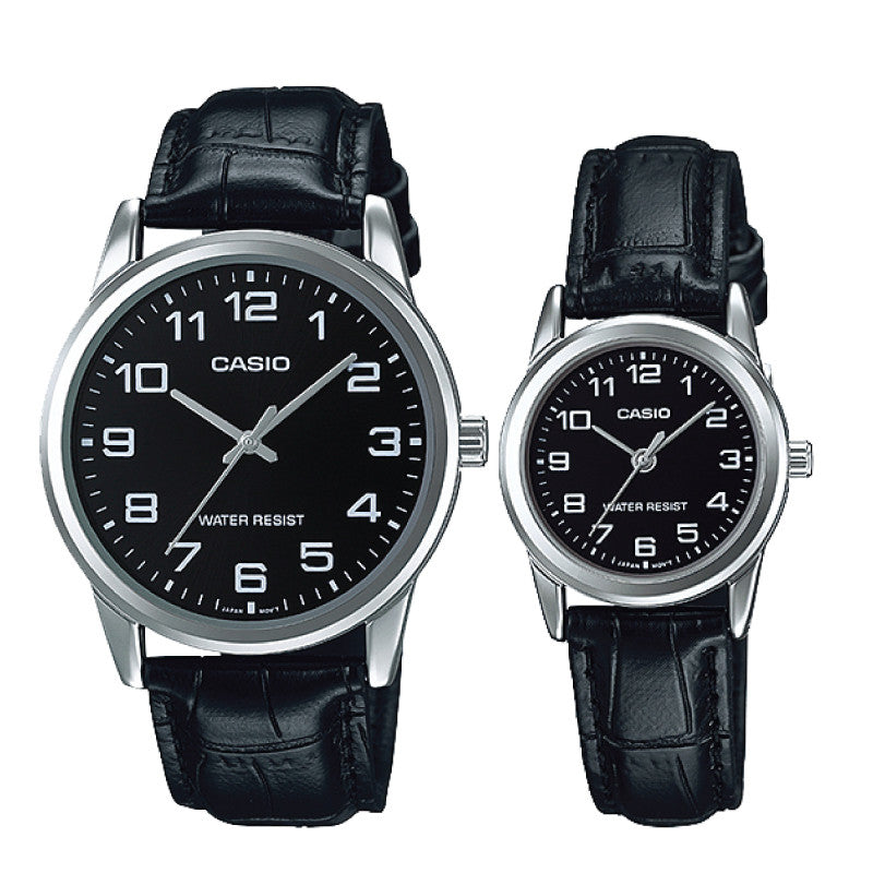 Relojes de pareja Casio MTP-V001L-1B + LTP-V001L-1B en cuero negro originales