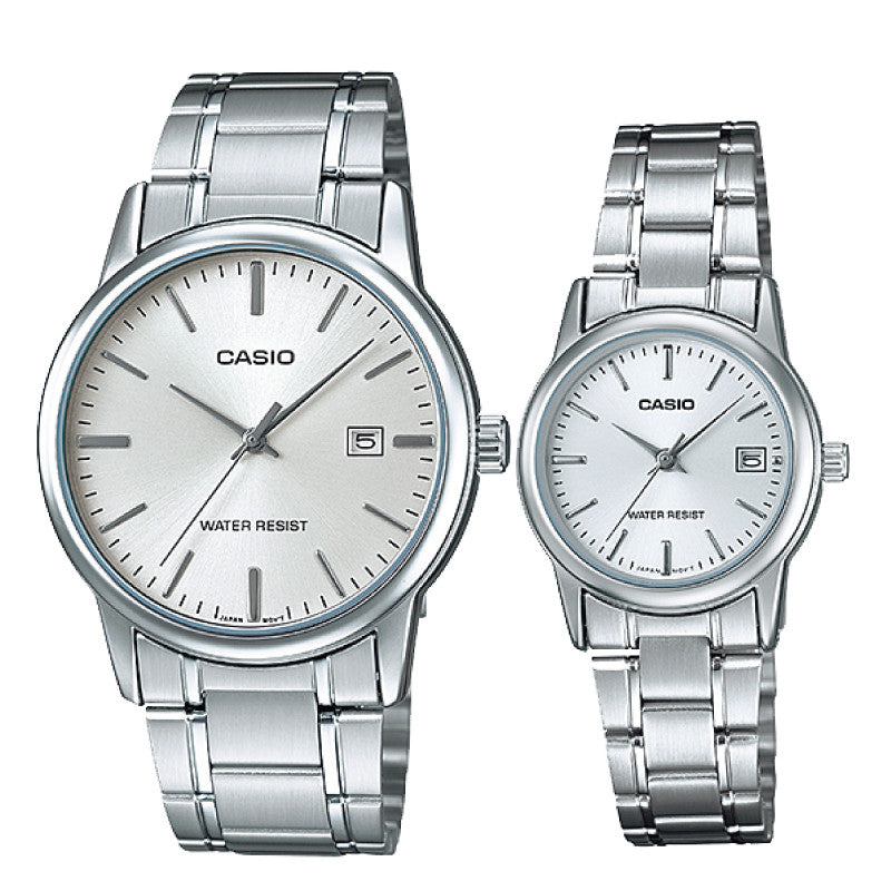 Relojes de pareja Casio MTP-V002D-7A + LTP-V002D-7A en acero plateado originales