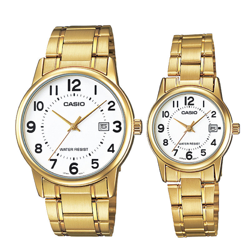 Relojes de pareja Casio MTP-V002G-7B + LTP-V002G-7B en acero dorado originales