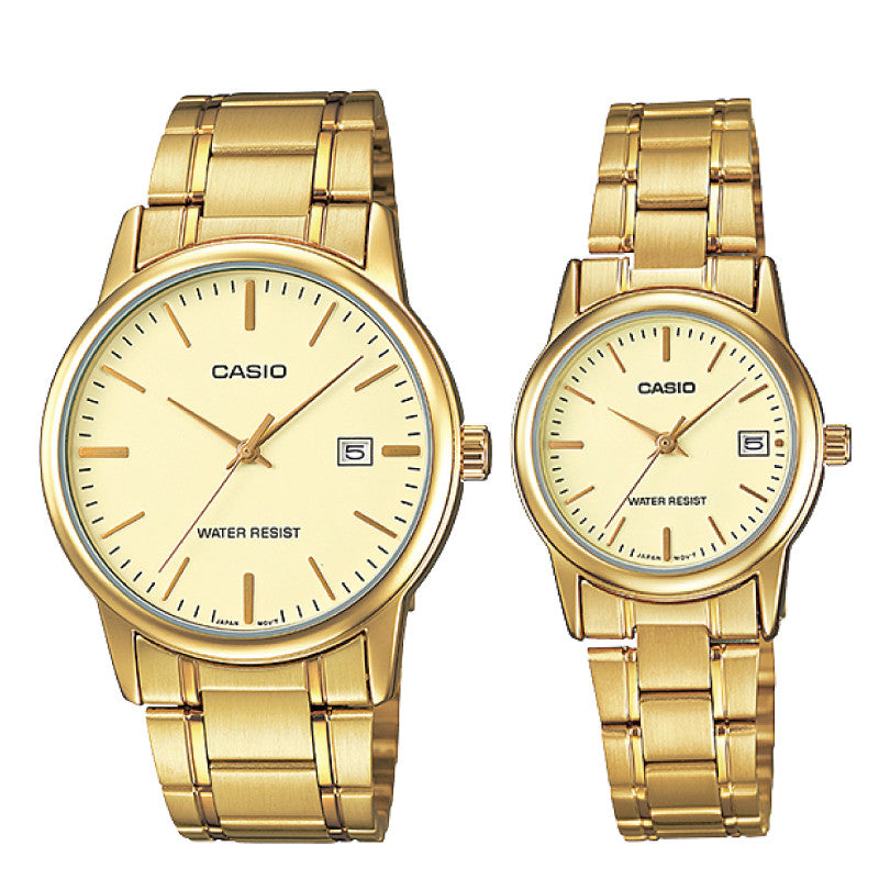 Relojes de pareja Casio MTP-V002G-9A + LTP-V002G-9A en acero dorado originales