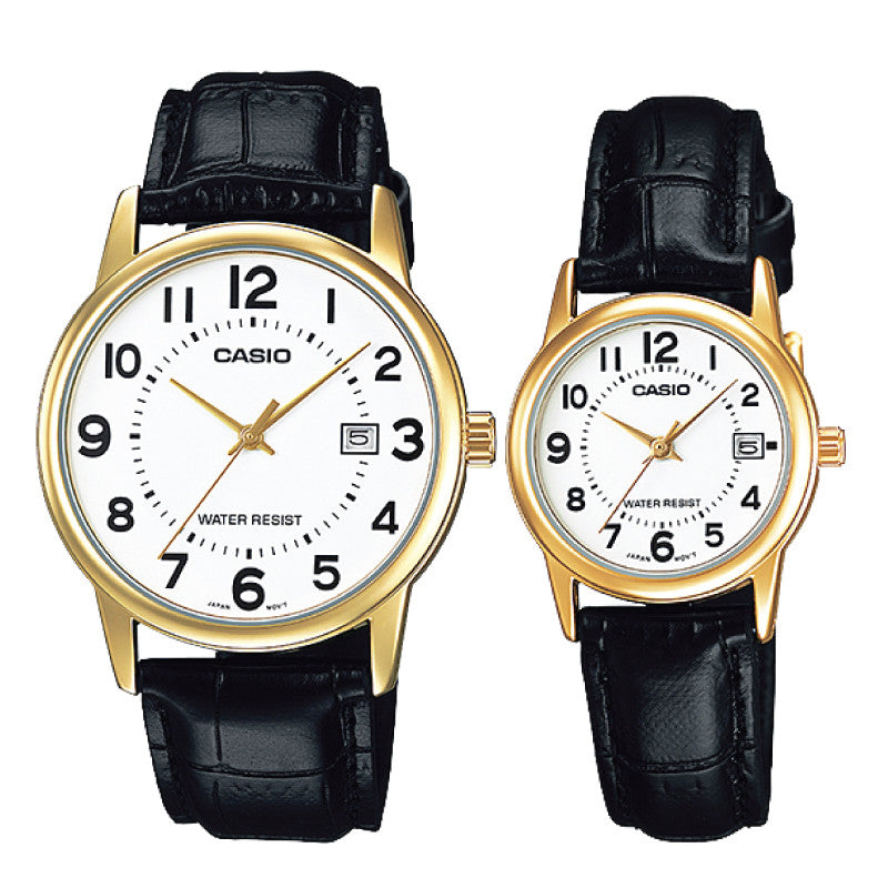 Relojes de pareja Casio MTP-V002GL-7B + LTP-V002GL-7B en cuero negro originales