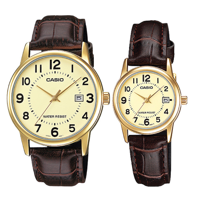 Relojes de pareja Casio MTP-V002GL-9B + LTP-V002GL-9B en cuero marrón originales