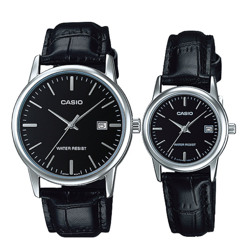 Relojes de pareja Casio MTP-V002L-1A + LTP-V002L-1A en cuero negro originales